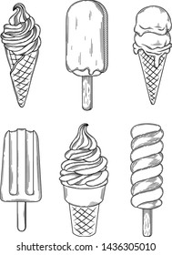 Set of the different types of ice cream hand drawn sketch style illustration isolated on white background, gelato ice cream, wafer cone, eskimo or chocolate glaze sundae.