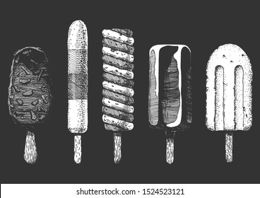Set of different types of ice cream bar on a stick.  Vector hand drawn illustration in vintage engraved style. Isolated on black background. 