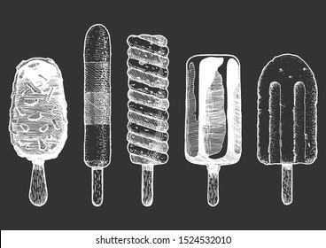 Set of different types of ice cream bar on a stick.  Vector hand drawn illustration in vintage engraved style. Isolated on black background. 