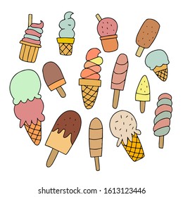 Set of different types of ice cream in waffle cups and on a stick on a white background. For design of the summer menu in cafes and signs, for prints on wallpaper and childrens clothes.