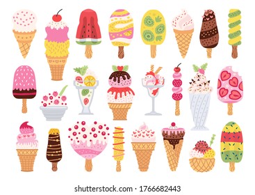 Set of different types of ice cream bar on a stick Isolated on white background. Collection of 24 vector ice cream in waffle cones, popsicles, fruit ice, decorated with berries, chocolate or nuts.