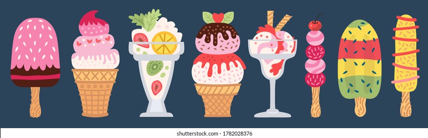 Set of different types of ice cream bar on a stick Isolated on dark background. Collection of vector ice cream in waffle cones, popsicles, fruit ice, decorated with berries, chocolate or nuts.