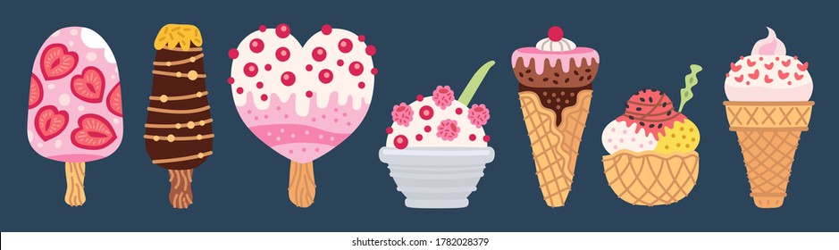 Set of different types of ice cream bar on a stick Isolated on dark background. Collection of vector ice cream in waffle cones, popsicles, fruit ice, decorated with berries, chocolate or nuts.