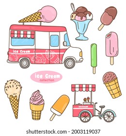 Set von verschiedenen Arten von Eis. Eiscreme, ein Eis-Lieferwagen, ein Eisrad. Ein bunter Vektorsatz von handgezeichneten Doodles auf weißem Hintergrund.