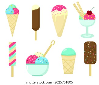 Set of different types of ice cream vector illustration. Collection of dairy food popsicle, in a waffle cup, on a stick and in a bowl. Summer refreshing dessert, treat.