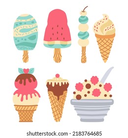 Set Of Different Types Of Ice Cream Bar On A Stick Isolated On White Background. Collection Of Vector Ice Cream In Waffle Cones, Popsicles, Fruit Ice, Decorated With Berries, Chocolate Or Nuts.