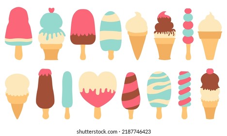 Conjunto de diferentes tipos de barra de helados sobre un palo Aislado sobre fondo blanco. Colección de helados vectoriales en conos de gofre, paletas, hielo de fruta, decorados con bayas, chocolate o nueces.