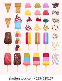 Set of different types of ice cream. Constructor. Make your own ice cream. trendy style. Cream balls. Fruit ice. Powder, melted chocolate, hearts, berries. Food. Vector stock illustration. background.