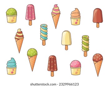  Set of different types of ice cream. Dessert. Vector graphic.