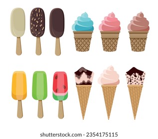 Set of different types of ice cream on a white background.