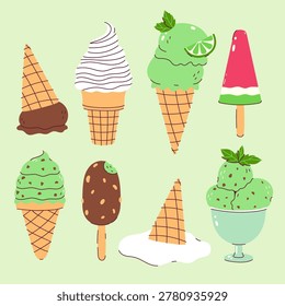 A set of different types of ice cream. Vector graphics.