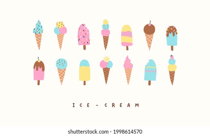 Set of different types of ice creams, cone, sundae, ice cream on stick with fruits. Kawaii vector illustration in flat hand drawn cartoon style 