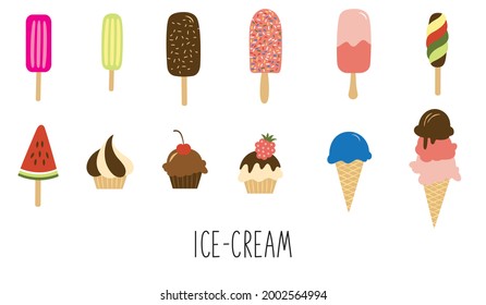 Set von verschiedenen Arten von Eis, Kegel, sundae, Eis auf Stock mit Früchten. Kawaii-Vektorgrafik auf ebene handgezeichnete Art und Weise