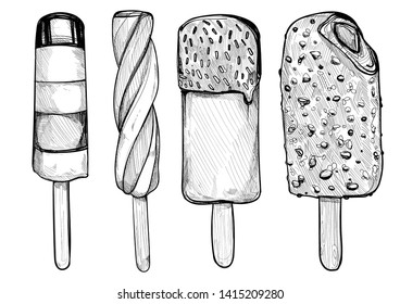 Set of different types of ice lolly and ice cream bar on a stick. Hand drawn illustration in vintage style. Isolated on white background.