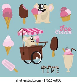 Set of different types of ice-cream with cute cartoon koala as a seller at ice cream stand and lettering