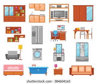 Set of different types of interior  furniture icons for room bathroom and kitchen vector illustration
