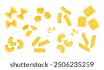 Set of different types of Italian pasta. Farfalle, rotelle, rigatoni, ravioli, shell, pastina, rotini, penne, macaroni, creste di gallo, gobetti rigati. Menu, banner, flyer, advertising template. Hand