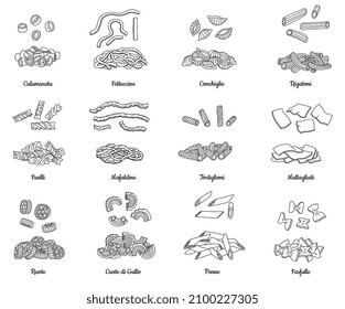 Set of different types of Italian pasta in sketch vector illustration isolated on white background with titles. Various forms of traditional noodles for Mediterranean cuisine.