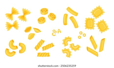 Set of different types of Italian pasta. Farfalle, rotelle, rigatoni, ravioli, shell, pastina, rotini, penne, macaroni, creste di gallo, gobetti rigati. Menu, banner, flyer, advertising template. Hand