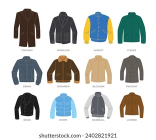 Set of different types of jacket collection, set of leather jackets main types : Topcoat, Wool Car, Varsity, Fleece, Denim, Bomber, Blouson, Peacoat Leather, Biker, Down, Baseball, Lumber.