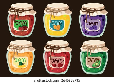 Um conjunto de diferentes tipos de geleia em um frasco de vidro em um fundo branco.  Uma sobremesa de frutas feita de kiwi, mirtilos, bem como cereja, morango, abacaxi e maçã.  Desenho vetorial feito à mão.