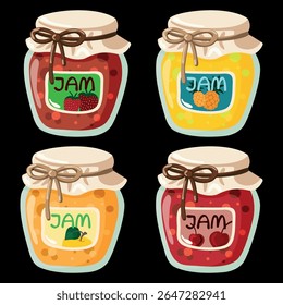 Um conjunto de diferentes tipos de geleia em um frasco de vidro em um fundo branco.  Cereja de sobremesa de frutas, morango, abacaxi e maçã, para café da manhã e assar. Desenho vetorial feito à mão.