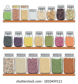 Set of different types of jars with grains, nuts, seeds beans on shelf. Elements of kitchen storage. Zero waste, no plastic concept. Hand drawn vector illustration. Isolated on white background.