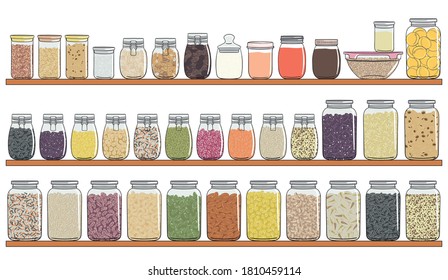 Set of different types of jars with grains, nuts, seeds beans on shelf. Elements of kitchen storage. Zero waste, no plastic concept. Hand drawn vector illustration. Isolated on white background. svg