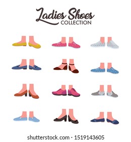 Set of different types of ladies shoes from sneaker, pump, canvas and flat shoes.
