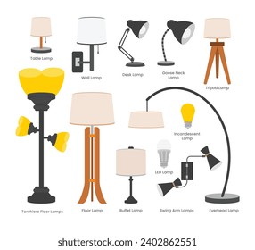 Set von verschiedenen Arten von Lampen Sammlung, Deckenlicht, Heimeinrichtung mit Kronleuchtern und Anhängern. Kronleuchter, Boden- und Tischlampe, moderne Dekoration und Vintage-Zimmer-Möbel. Glühbirne