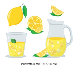 Set of different types of lemon. Stickers with whole lemon, slices and lemonade in decanter and glass. Juice from fresh tropical fruits. Cartoon flat vector collection isolated on white background