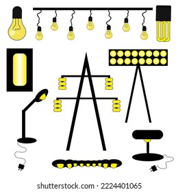 Set with different types of lighting fixtures. A collection of lamps. High-voltage tower, table lamp, spotlight, sconce, Edison bulb, garland and energy-saving lamp.