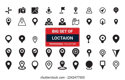 Conjunto de diferentes tipos de ubicación Siluetas de iconos en blanco y negro, 3d ilustración