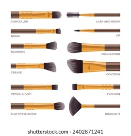 Set of different types of makeup brush beauty cosmetics, Blush, eyeshadow and contour, eyebrow comb, foundation, concealer and bronzer, angle, fan and flat realistic brushes, makeup artis kit