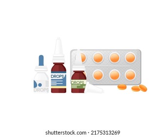 Set of different types of medical dropper with blister tablets pack vector illustration on white background