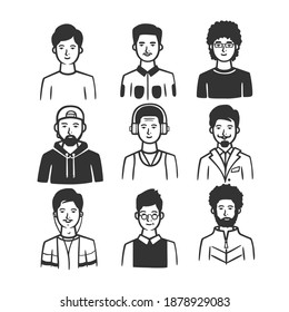 Set of different types of men. Vector illustration. Black and white vector objects.