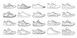 Set With Different Types Of Men's Outline Shoes In Vector. Doodle Collection. Including Gym Shoes, Shoes, Trekking, Sneakers And Other.	