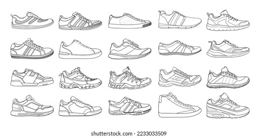 Set with different types of men's outline shoes in vector. Doodle collection. Including gym shoes, shoes, trekking, sneakers and other.	