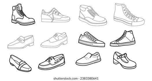 Set with different types of men's outline shoes in vector. Doodle collection. Including shoes, trekking, sneakers and other.