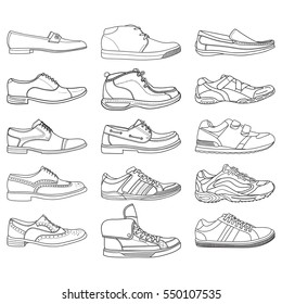 Set and different types men's outline shoes in vector  Doodle collection  Including Brogues  boat shoes  loafers  sneakers   other 