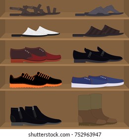 Set Different Types Of Mens Pair Shoes And Boots On The Shelves. Men's Couples Of Shoes On The Rack Of The Store. Collection Various Model Fashion Casual Footwear For Man. Vector Flat Illustration.