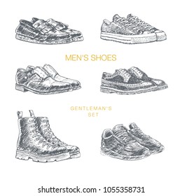 Set with different types of men's shoes. Doodle collection.Brogues, Boots, Sneakers, loafers, gumshoes, Monkstrap Shoes  vector illustration. Vintage engraving