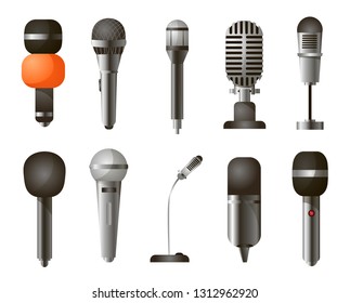 Set of different types of microphones in realistic style isolated on a white background
