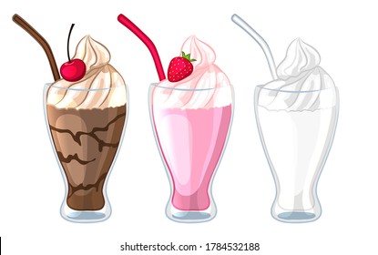 Set of different types of milkshakes. Milk, chocolate, strawberry cocktail. Isolated on a white background. Cartoon style. Vector illustration.