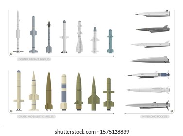 The set of different types of missiles there are fighter aircraft missiles, cruise missiles, ballistic missiles, and hypersonic rockets that are isolated on a white background.