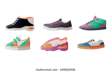 Conjunto de diferentes tipos de modernas zapatillas deportivas para el uso diario. Ilustración vectorial al estilo de las caricaturas planas.