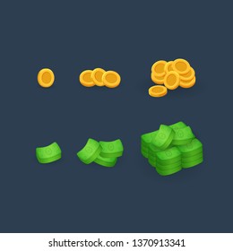 Set of different types of money, coins in cartoon style isolated on dark background. Vector kit for game development, gui design, ui elements.