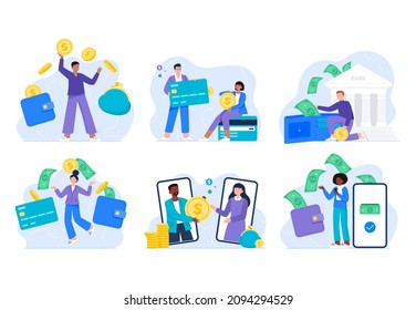 Set of different types of money transfers. People send out money to a card, to a banking account, or an electronic wallet. Vector flat illustrations.