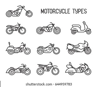 Set of different types of mototechnics. Motorcycles and mopeds, lineart icons. Collection black and white vector illustrations isolated on white background. 