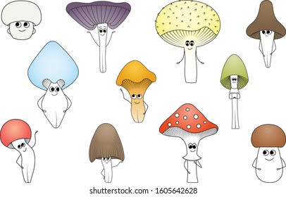 Set of different types of mushrooms - Chanterelle, Fly Agaric, Death Cap, Champignon, Russula, Porcini and others. Cute cartoon characters. Vector illustration